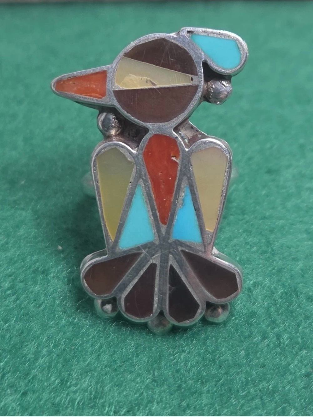 Zuni Sterling Silver Multicolor Inlay Bird Ring - Turquoise, Coral. Size 4.5